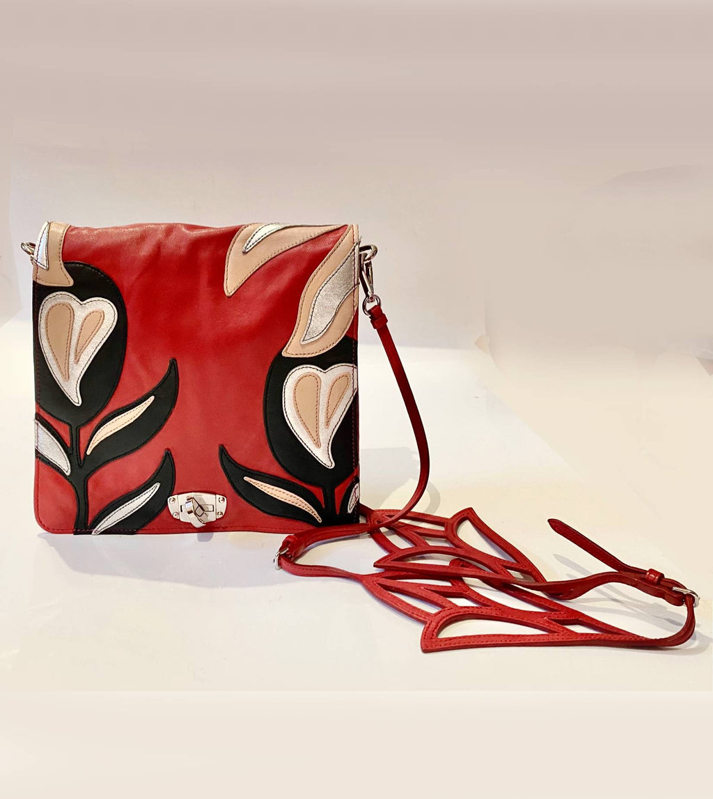 2000s miu miu red flower cut out leather shoulder crossobody bag