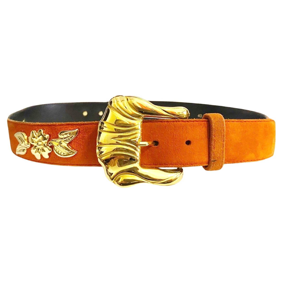 1980s Escada Lobster Red Suede Gold Buckle Belt - STYLE-CHNGR