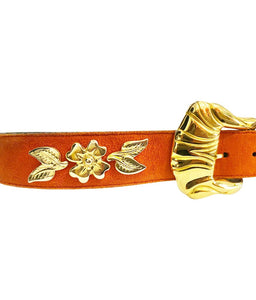 1980s Escada Lobster Red Suede Gold Buckle Belt - style - CHNGR