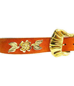 1980s Escada Lobster Red Suede Gold Buckle Belt - STYLE-CHNGR