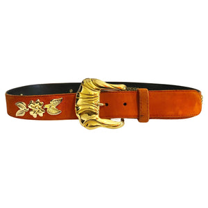 1980s Escada Lobster Red Suede Gold Buckle Belt - STYLE-CHNGR