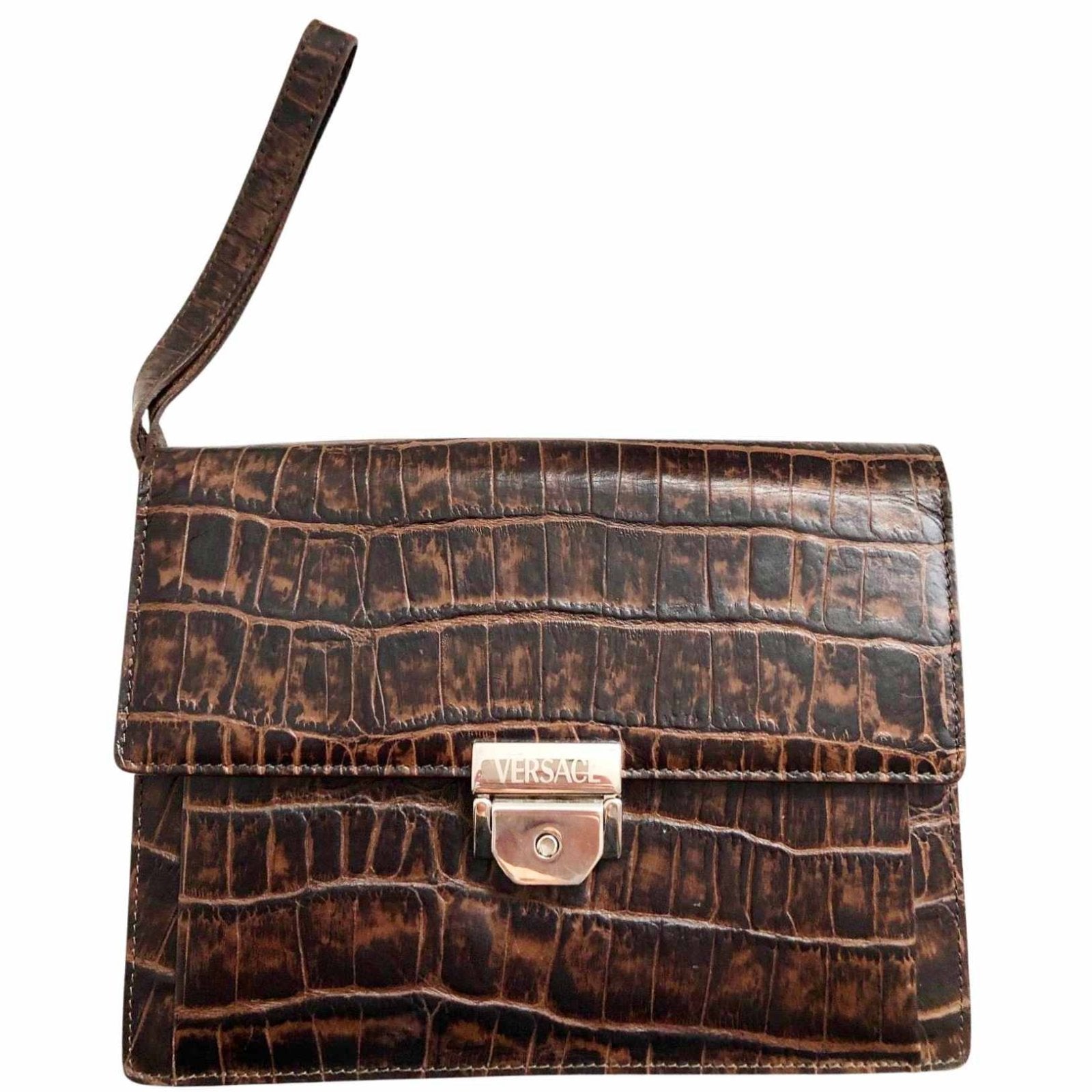 1980s GIANNI VERSACE CROC Brown Leather Envelope Bag - style - CHNGR