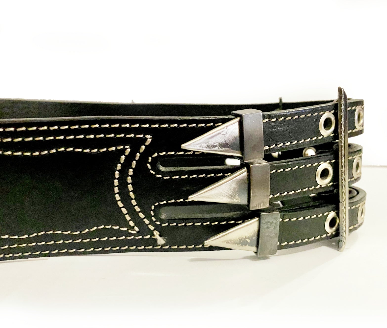 1990s Gianfranco Ferre Black Leather Metal Spike Belt - STYLE - CHNGR