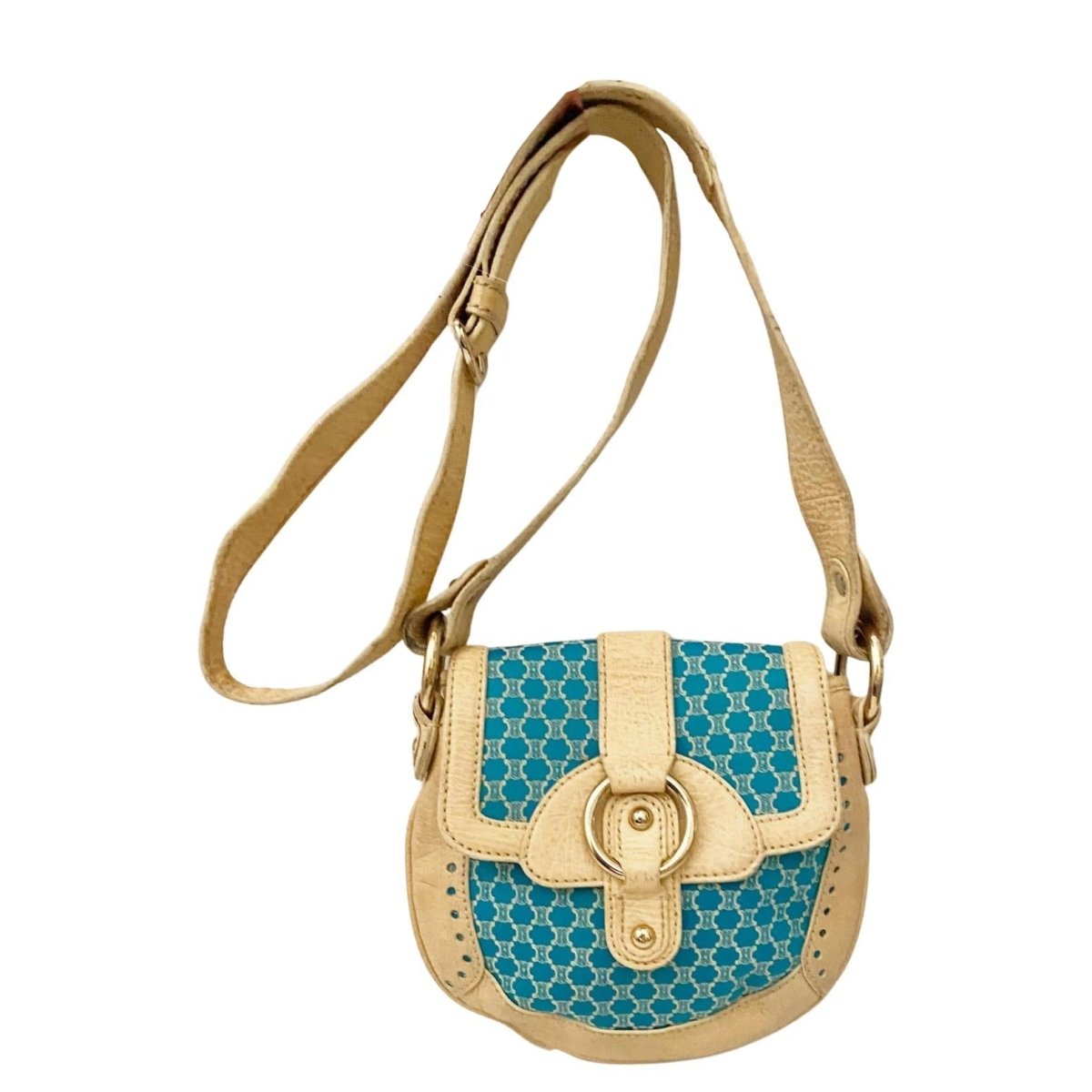 2000s CELINE Shoulder Bag Pochette Macadam Pattern Blue Ivory White Canvas Leather - style - CHNGR