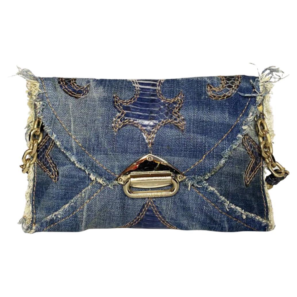 2000s Jimmy Choo Blue Denim Leather Shoulder Clutch bag with strap - style - CHNGR