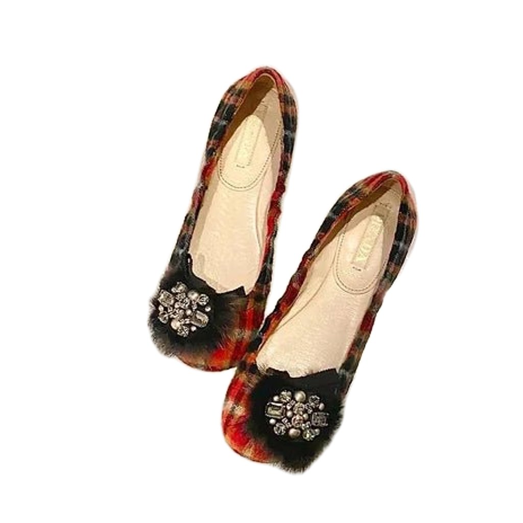 2000s PRADA TARTAN WOOL JEWELED EMBELLISHED BALLERINA FLATS - style - CHNGR