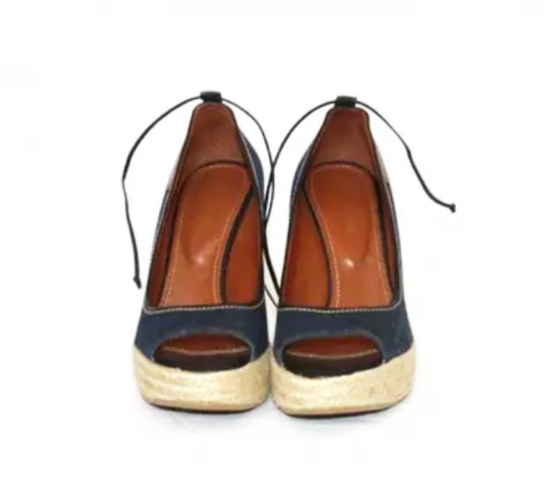 2000s Sergio Rossi Denim Straw Platform Shoes - STYLE - CHNGR