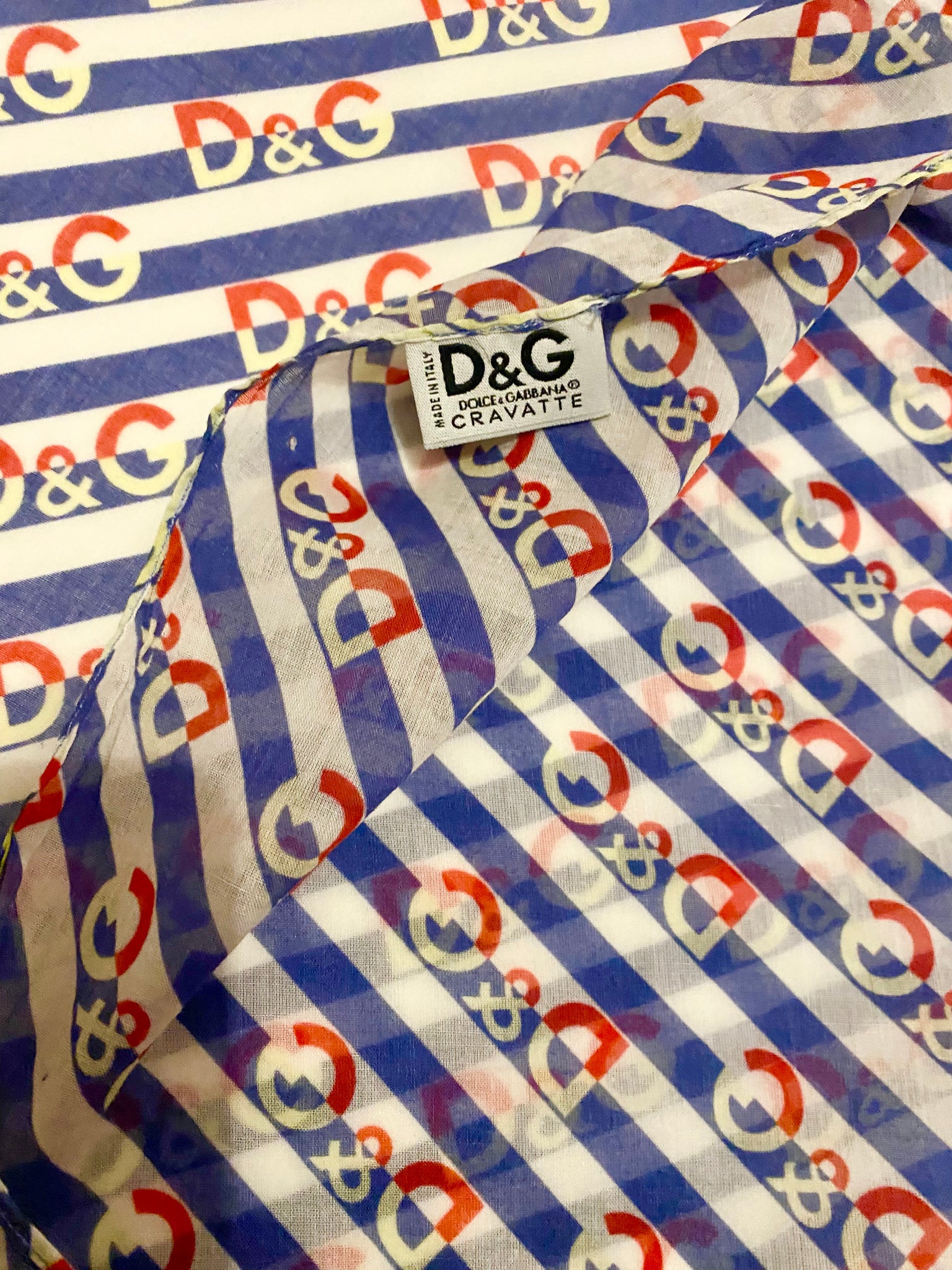 1990s D&G Dolce & Gabbana Cotton Blue Red Logo Squared Scarf