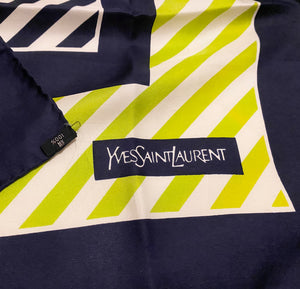 1980s Yves Saint Laurent Stripe Lime Green Logo Silk Scarf