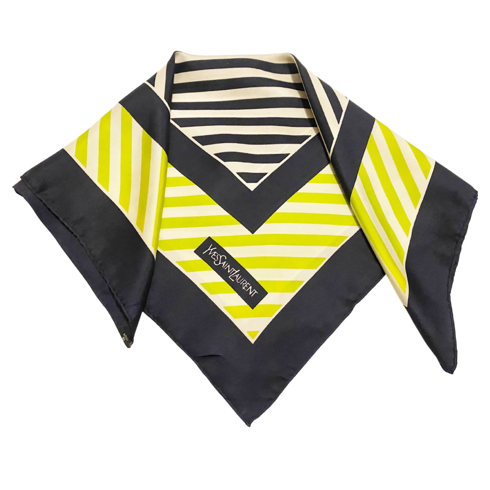 1980s Yves Saint Laurent Stripe Lime Green Logo Silk Scarf