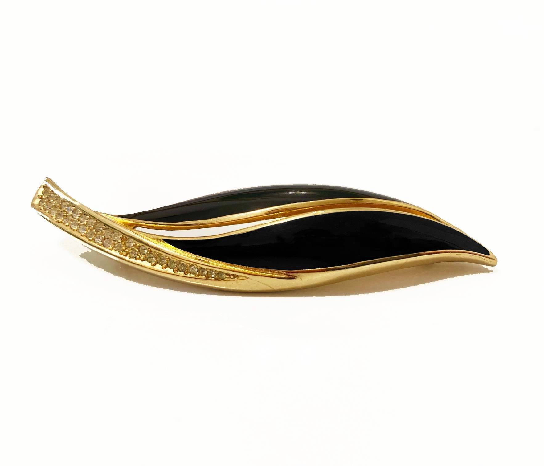 1980s CHRISTIAN DIOR ENAMEL LEAF gold plated crystal BROOCH - style - CHNGR