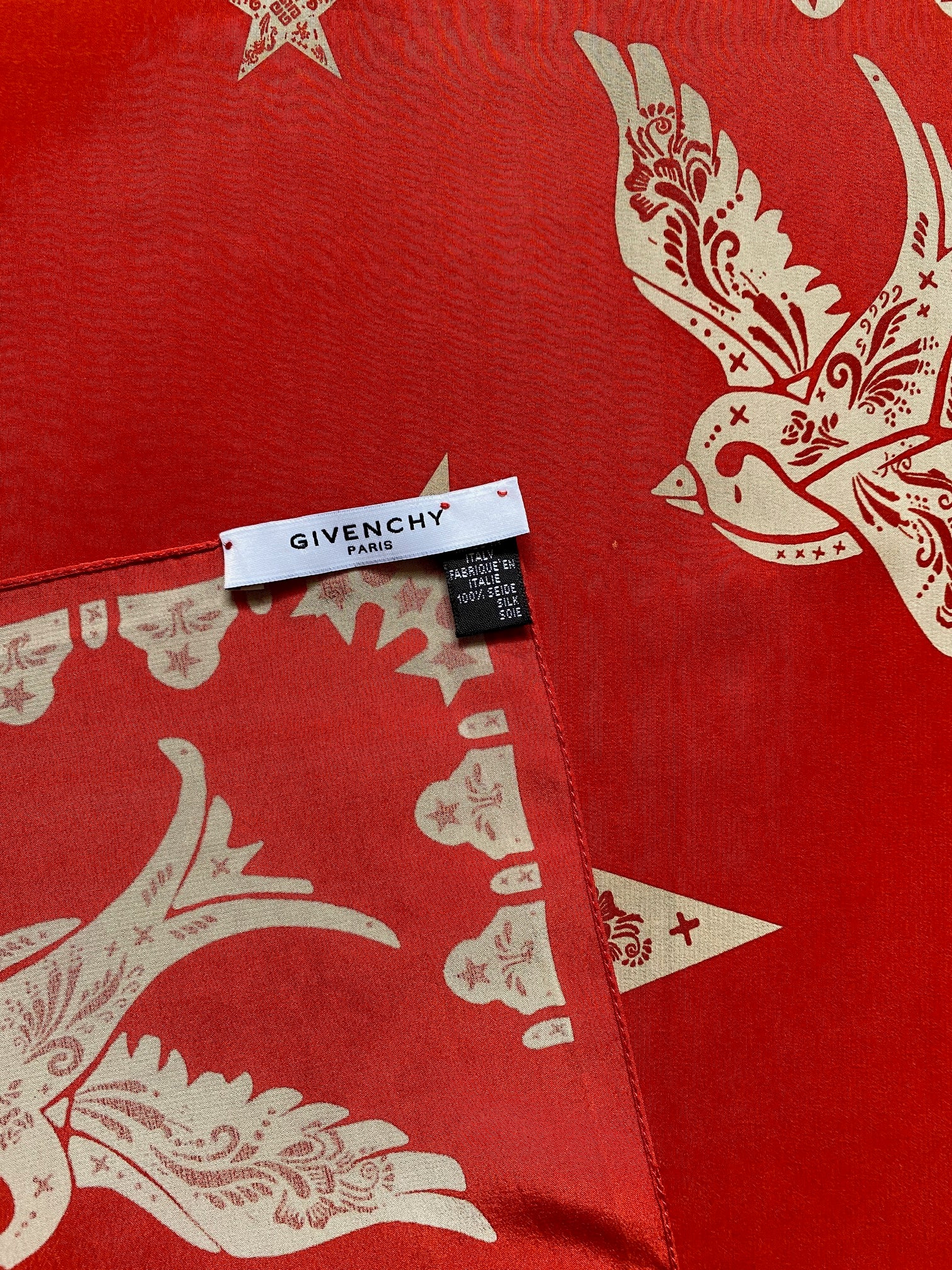 2000s Givenchy Red White Bird Print Silk Neckerchief Scarf - STYLE - CHNGR