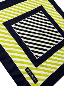 1980s Yves Saint Laurent Stripe Green Logo Silk Scarf