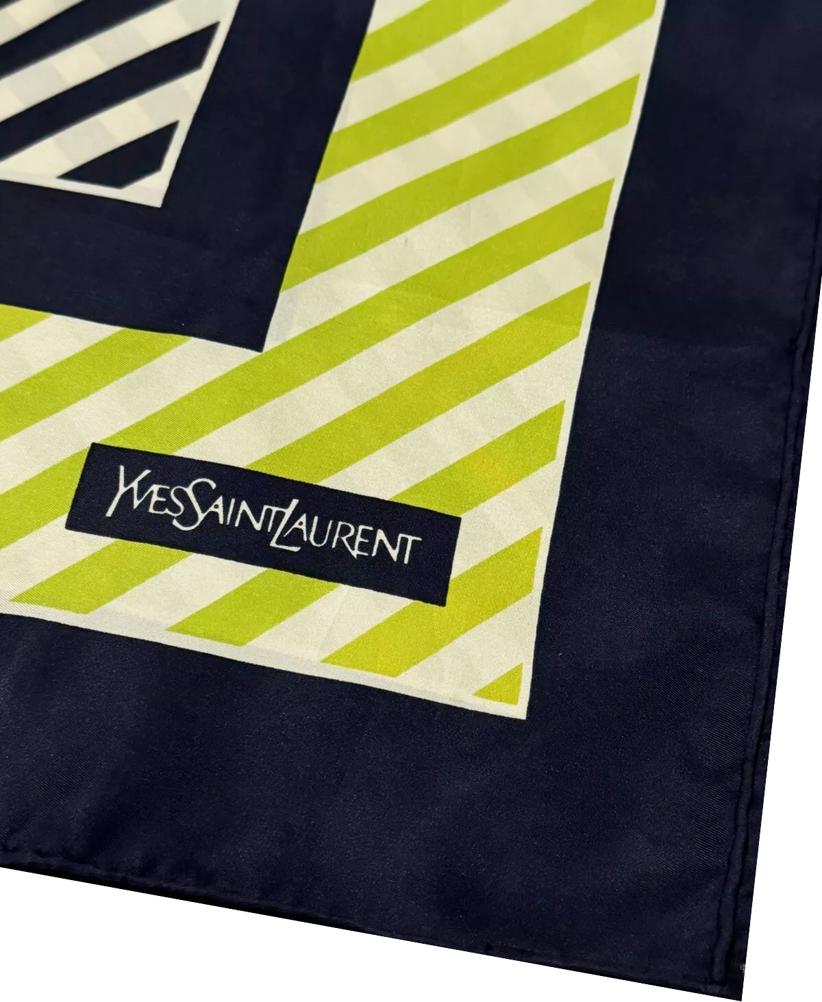 1980s Yves Saint Laurent Stripe Green Logo Silk Scarf