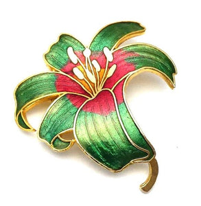 1960s Gold Tone Green Red Cloisonne Enamel Orchid Flower Brooch - style - CHNGR