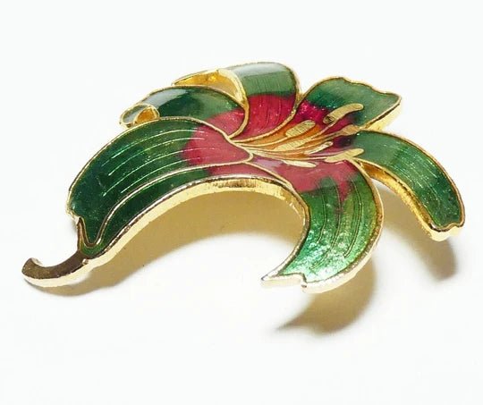 1960s Gold Tone Green Red Cloisonne Enamel Orchid Flower Brooch - style - CHNGR