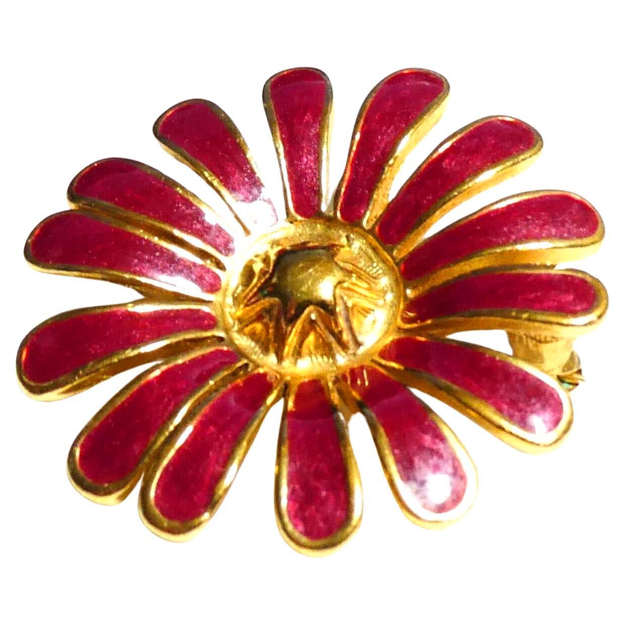 1960s Mid-Century Dark Pink Enamel Gold Tone Flower Modernist Brooch - STYLE - CHNGR