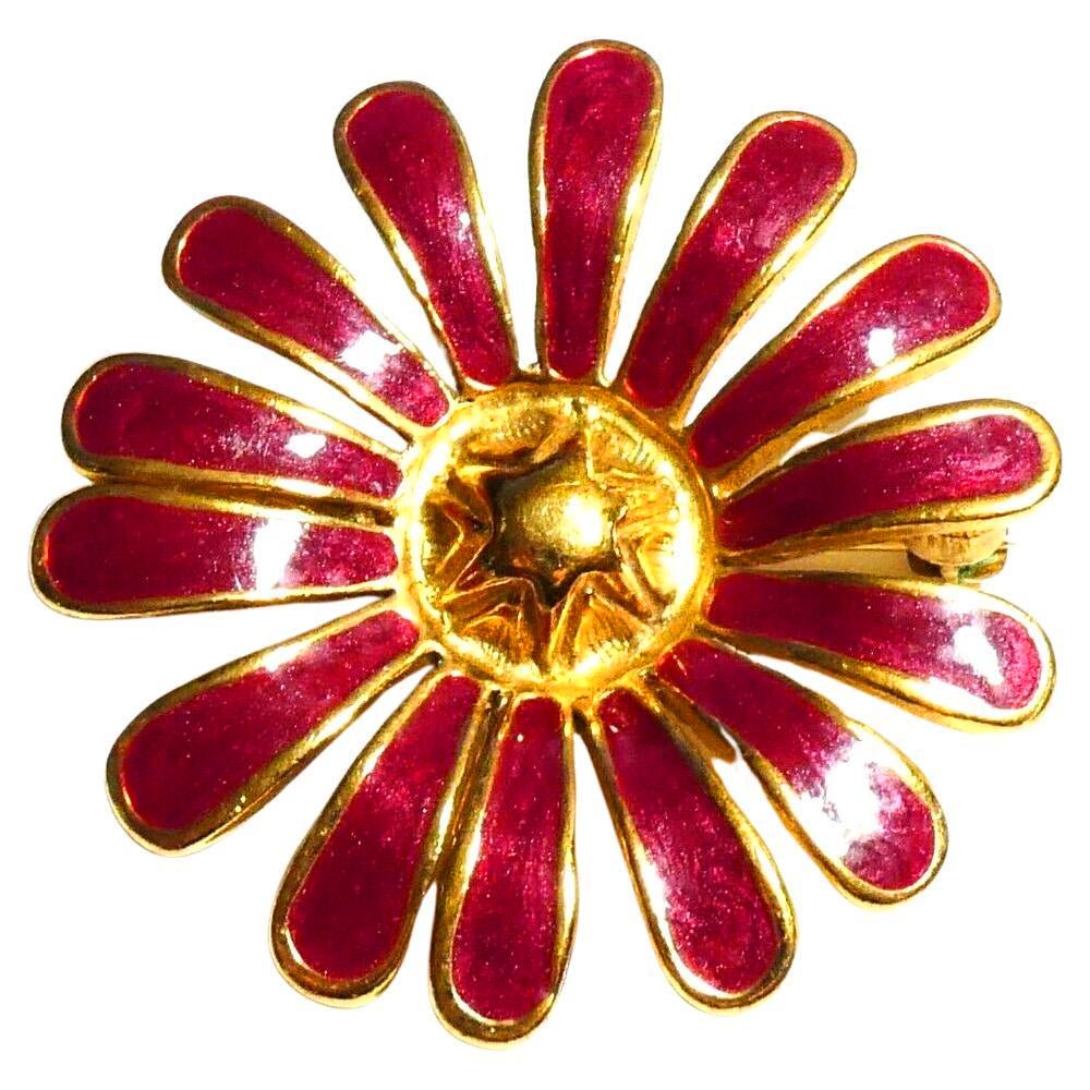 1960s Mid-Century Dark Pink Enamel Gold Tone Flower Modernist Brooch - style - CHNGR