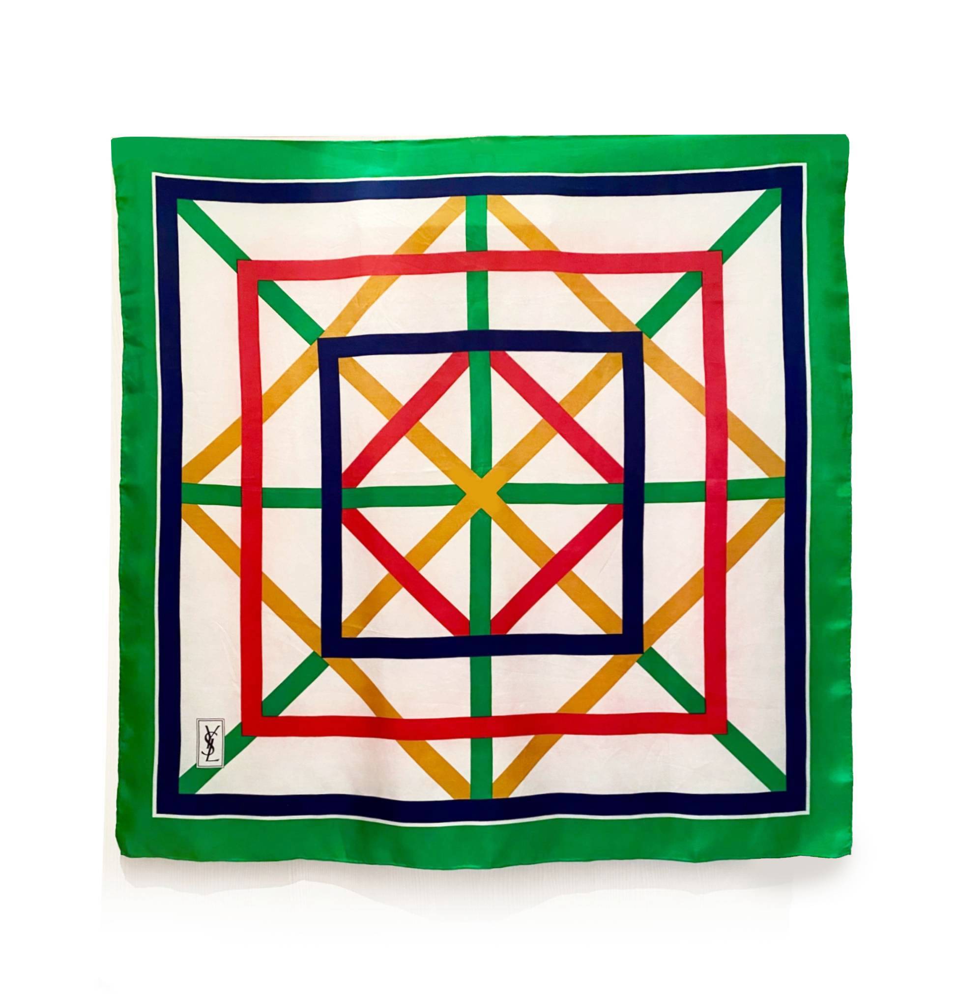 1980s YVES SAINT LAURENT GEOMETRIC PRINT SILK LARGE SCARF - style - CHNGR