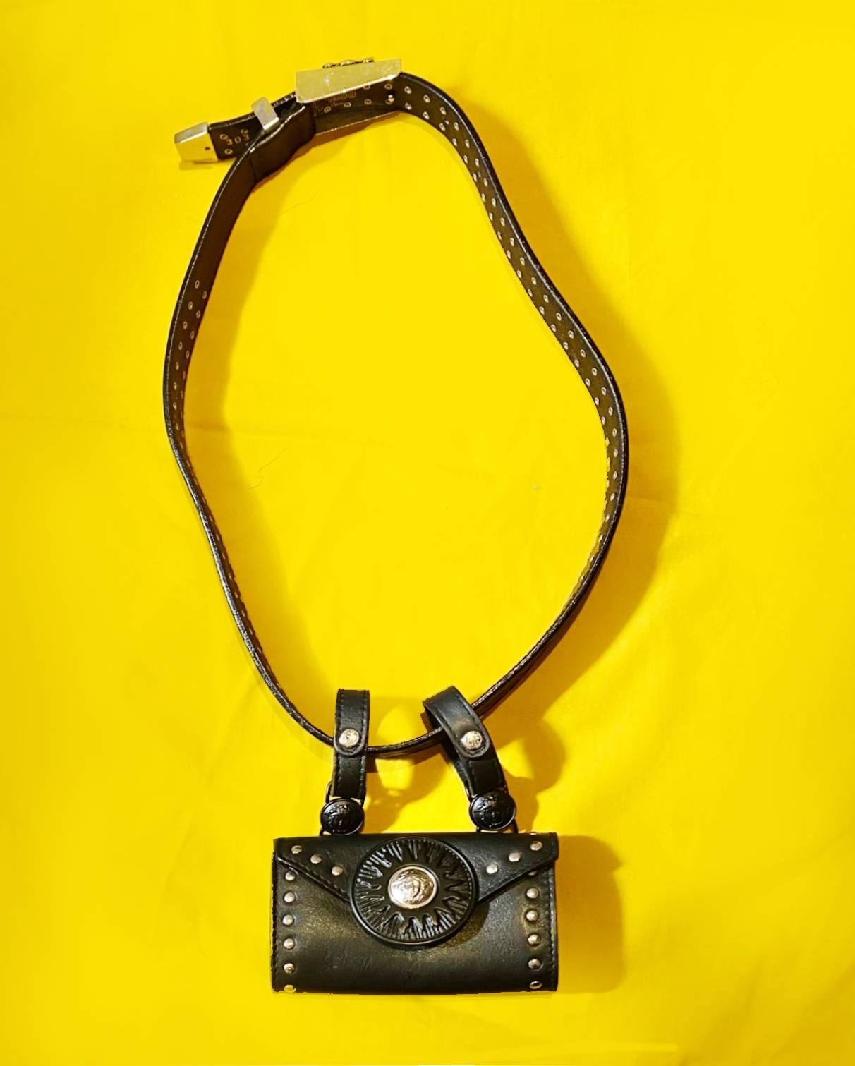 1990's GIANNI VERSACE STUDDED MEDUSA LEATHER MINI BUM BAG AND BELT - style - CHNGR