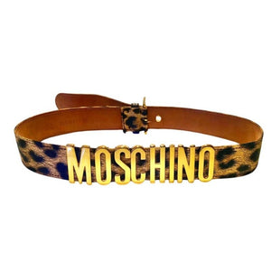 1990s Moschino by Redwall Gold Lettering Animal Print Belt - STYLE - CHNGR