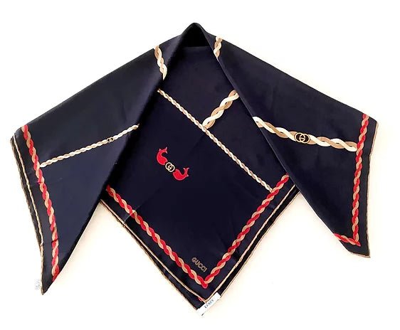1980s GUCCI NAVY BLUE NAVAL KNOT PRINT SILK SCARF - style - CHNGR
