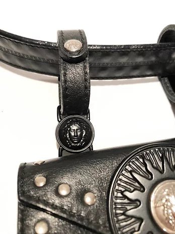 1990s GIANNI VERSACE STUDDED MEDUSA LEATHER MINI BUM BAG BELT - STYLE - CHNGR