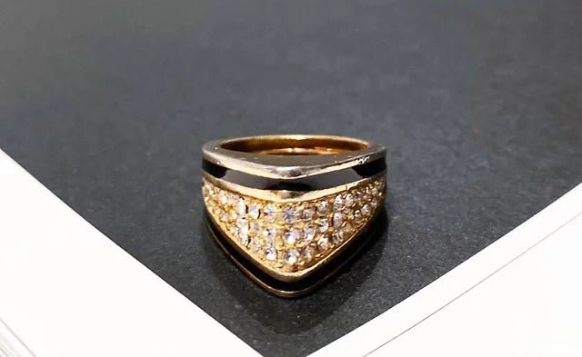 1980s CHRISTIAN DIOR CUSP CRYSTAL GOLD TONE ENAMEL RING - STYLE - CHNGR