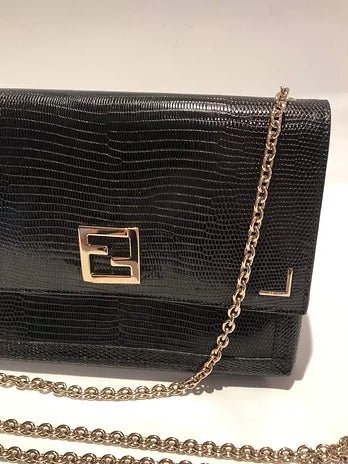 FENDI black LIZARD print LEATHER FLAP evening HANDBAG WITH CHAIN - STYLE - CHNGR