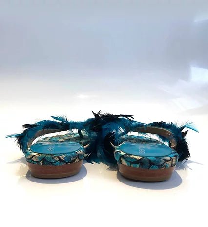 2000s SERGIO ROSSI BLUE FEATHER FLIP FLOP SANDALS - style - CHNGR