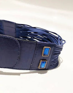 1980s ESCADA STONE BLUE LEATHER AND SUEDE FRINGE BELT - style - CHNGR