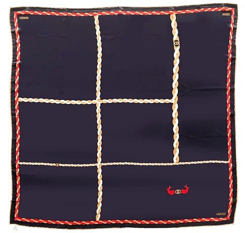 1980s GUCCI NAVY BLUE NAVAL KNOT PRINT SILK SCARF - STYLE-CHNGR