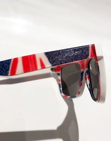 2000s Jimmy Choo Union Jack Wayfarer Plastic Alex sunglasses on white - STYLE-CHNGR