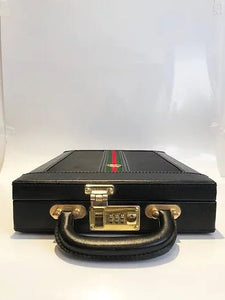 1980s GUCCI BLACK MONOGRAM WEB STRIPE VERTICAL BRIEFCASE WITH MATCHING WALLET - style - CHNGR