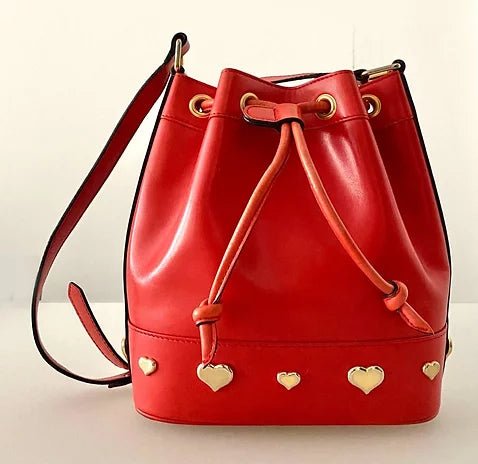 1980s ESCADA RED LEATHER GOLD HEART DRAWSTRING SHOULDER BAG - style - CHNGR