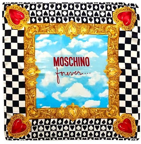 1990s MOSCHINO FOREVER CHEQUERED HEART PRINT GOLD SILK SCARF - style - CHNGR