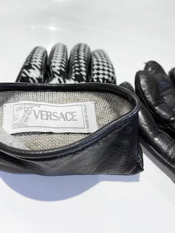 1990s GIANNI VERSACE HOUNDSTOOTH WOOL LEATHER MEDUSA GLOVES - STYLE - CHNGR