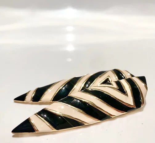 1980s GIVENCHY ZEBRA STRIPE ENAMEL RUNWAY COUTURE ELONGATED CLIP EARRINGS - style - CHNGR
