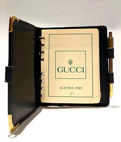 1980s GUCCI NAVY BLUE LEATHER MINI DIARY WITH BALL PEN - style - CHNGR