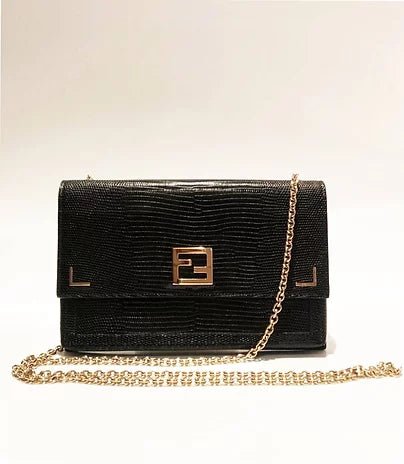 FENDI black LIZARD print LEATHER FLAP evening HANDBAG WITH CHAIN - STYLE - CHNGR