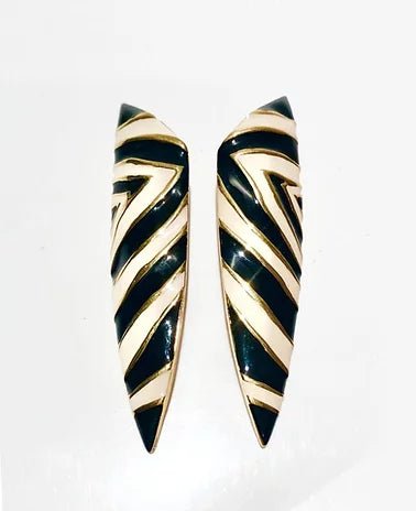 1980s GIVENCHY ZEBRA STRIPE ENAMEL RUNWAY COUTURE ELONGATED CLIP EARRINGS - style - CHNGR