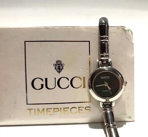 1980s GUCCI SILVER TONE ROUND BAMBOO STEEL WATCH - style - CHNGR