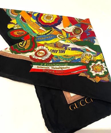 1980s GUCCI HORSERIDING ROSETTES PRINT NECK SCARF - style - CHNGR