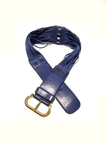 1980s ESCADA STONE BLUE LEATHER AND SUEDE FRINGE BELT - style - CHNGR