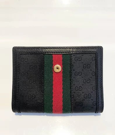 1980's GUCCI BLACK MONOGRAM LEATHER CLOTH WEB GG LOGO MINI WALLET - style - CHNGR