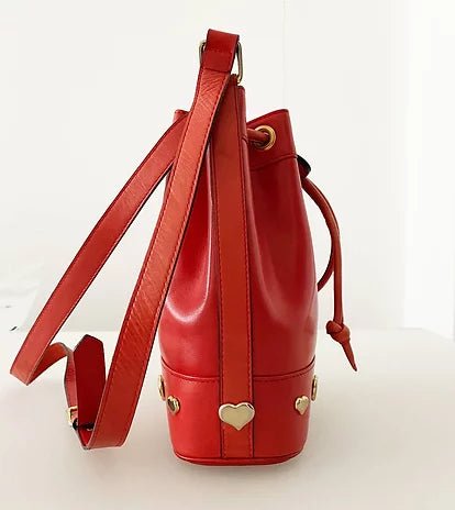 1980s ESCADA RED LEATHER GOLD HEART DRAWSTRING SHOULDER BAG - style - CHNGR