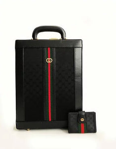 1980s GUCCI BLACK MONOGRAM WEB STRIPE VERTICAL BRIEFCASE WITH MATCHING WALLET - style - CHNGR