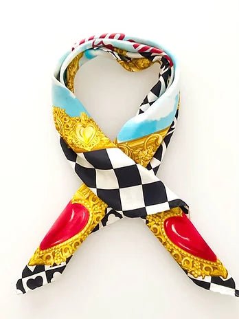 1990s MOSCHINO FOREVER CHEQUERED HEART PRINT GOLD SILK SCARF - STYLE-CHNGR