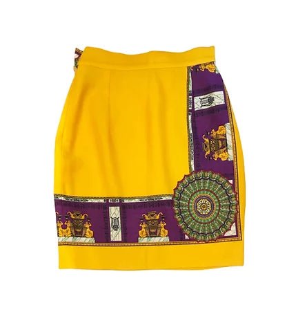 1990s GIANNI VERSACE YELLOW PURPLE MYTHOLOGY PRINT A - LINE SKIRT - style - CHNGR