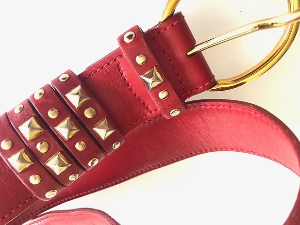 1980's GUCCI RED LEATHER GOLD STUD BELT - style - CHNGR
